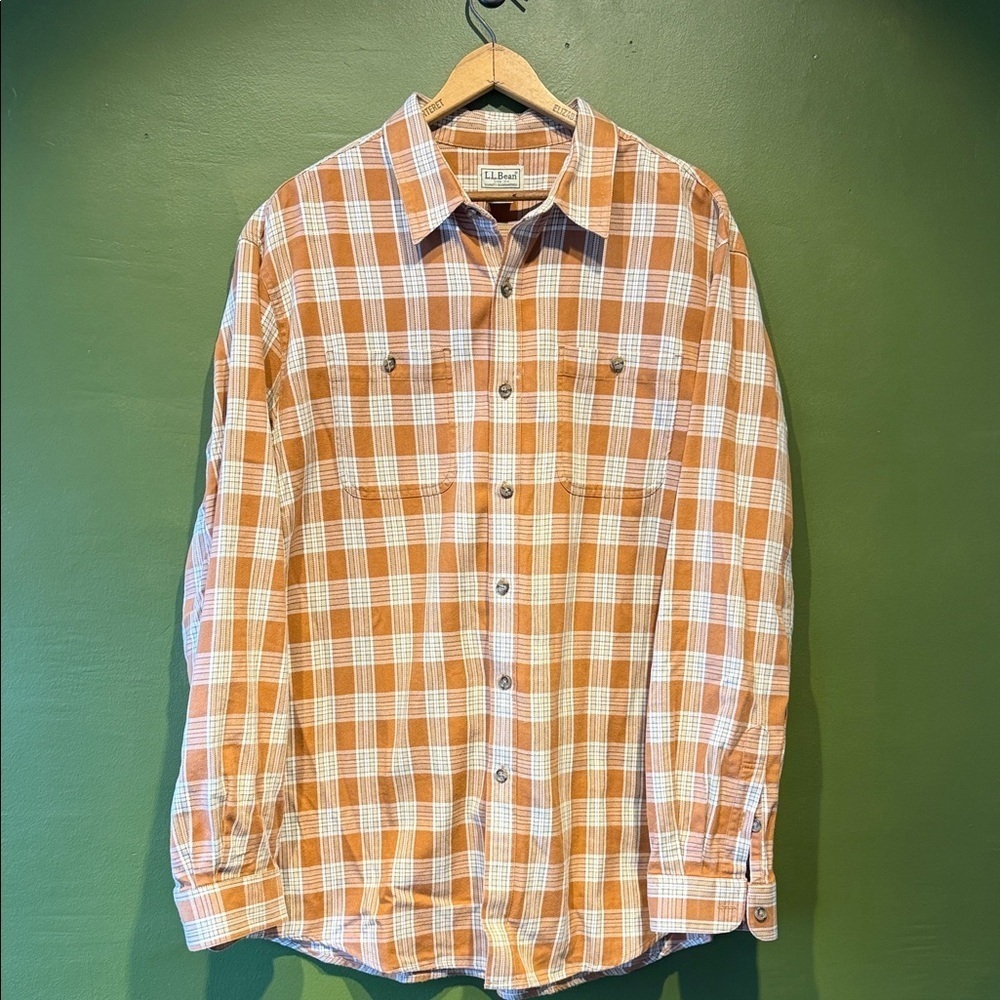 Vintage L.L. Bean Men's Casual Orange and White Plaid Shirt